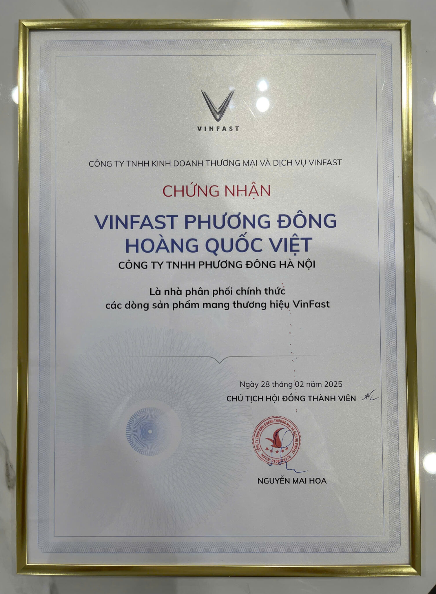 Giấy chứng nhận đại lý phân phối vinfast